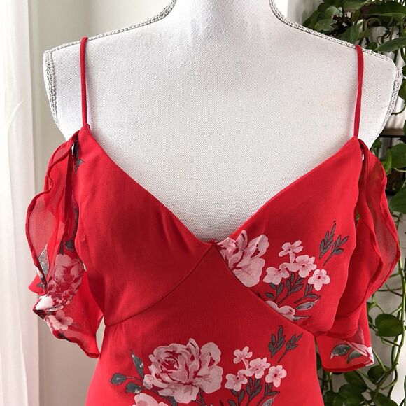Speechless Red Floral Off Shoulder Ruffly Flowy Chiffon Dress - Medium - Picture 3 of 11